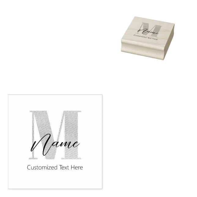 Modern Monogrammed Initial M & Name Personalised Rubber Stamp (Stamped)