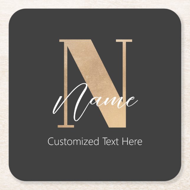 Modern Monogrammed Initial N & Name Personalised Square Paper Coaster (Front)