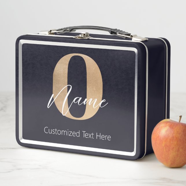 Modern Monogrammed Initial O & Name Personalised Metal Lunch Box (In Situ)