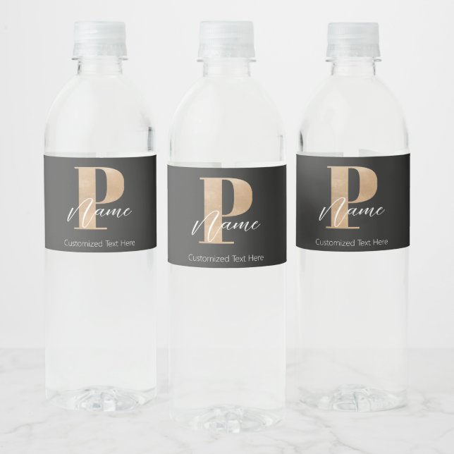 Modern Monogrammed Initial P & Name Personalised Water Bottle Label (Bottles)