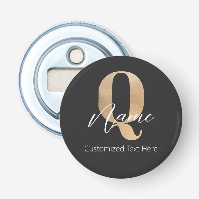 Modern Monogrammed Initial Q & Name Personalised Bottle Opener (Front)