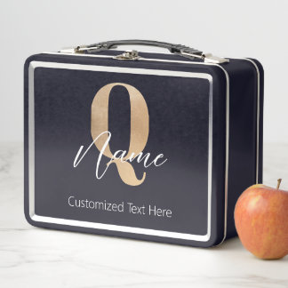 Modern Monogrammed Initial Q & Name Personalised Metal Lunch Box