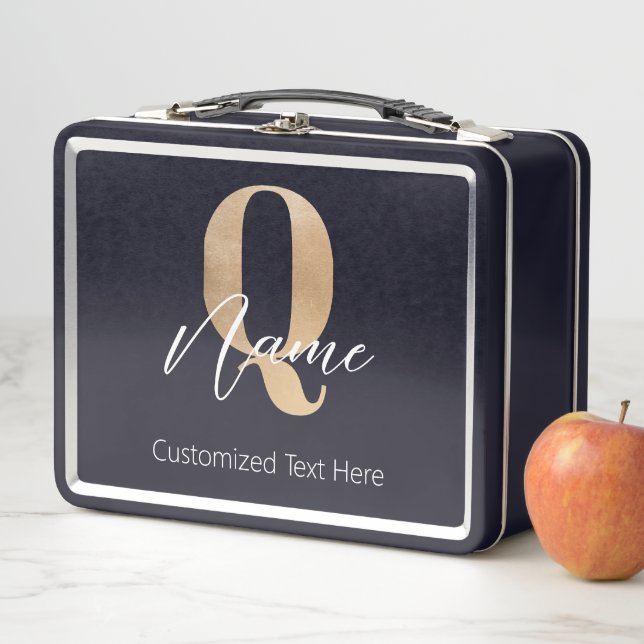 Modern Monogrammed Initial Q & Name Personalised Metal Lunch Box (In Situ)