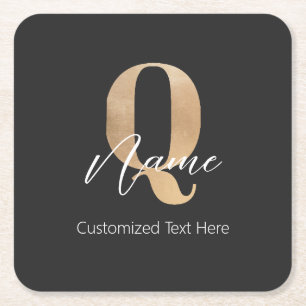 Modern Monogrammed Initial Q & Name Personalised Square Paper Coaster