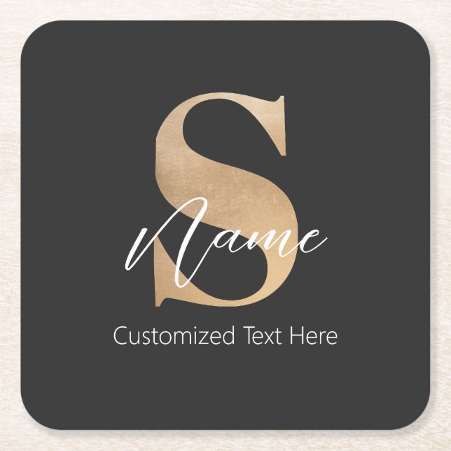 Modern Monogrammed Initial S & Name Personalised Square Paper Coaster (Front)