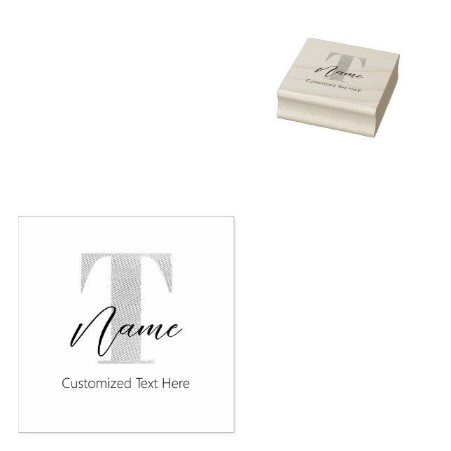 Modern Monogrammed Initial T & Name Personalised Rubber Stamp (Stamped)