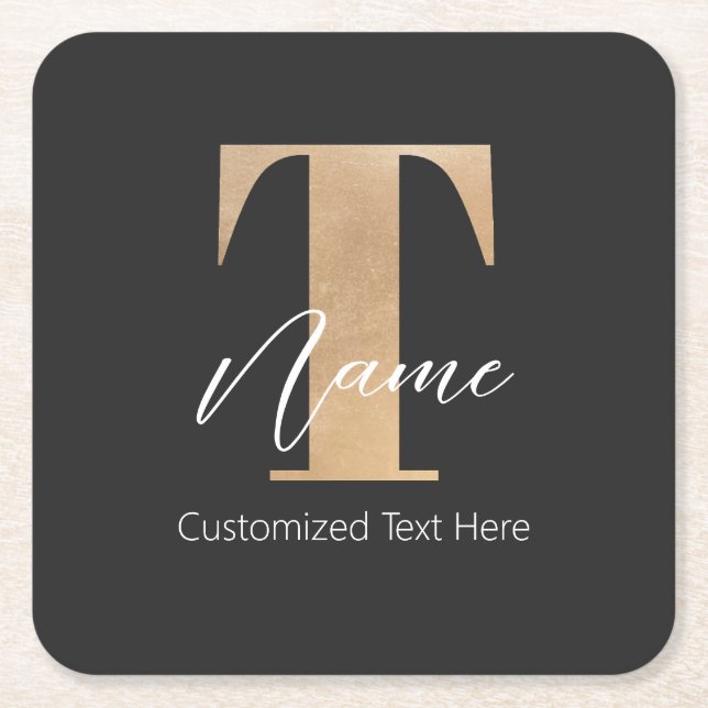 Modern Monogrammed Initial T & Name Personalised Square Paper Coaster (Front)
