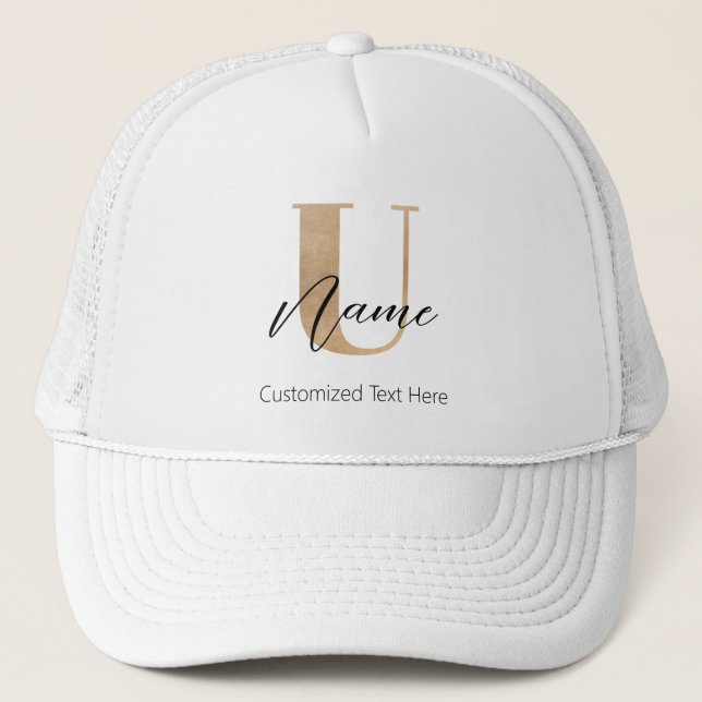 Modern Monogrammed Initial U & Name Personalised Trucker Hat (Front)