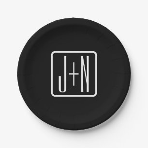 Modern Monogrammed Initials   Black & White Paper Plate