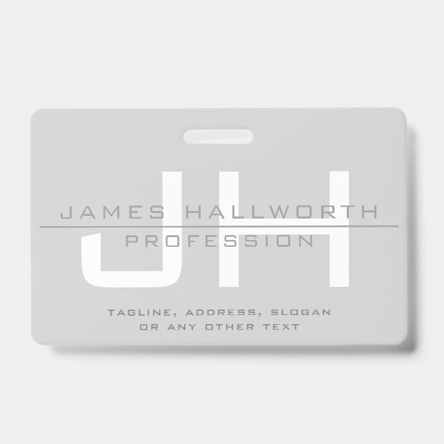 Modern Monogrammed Initials (or other text) Grey ID Badge (Front)