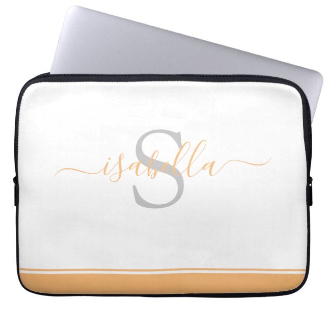 Modern Monogrammed Minimalist Peach Script Laptop Sleeve (Front)