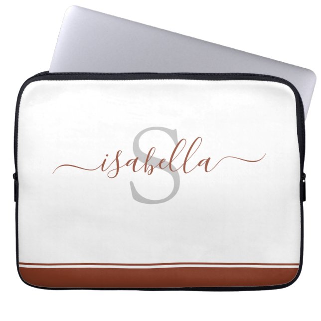 Modern Monogrammed Minimalist Rust Girly Script Laptop Sleeve (Front)