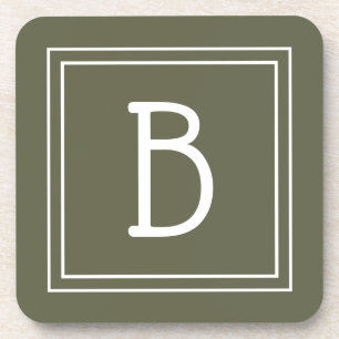 Modern Monogrammed Moss Green & White Initial Coaster