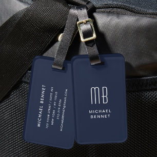 Modern Monogrammed Navy Blue  Luggage Tag