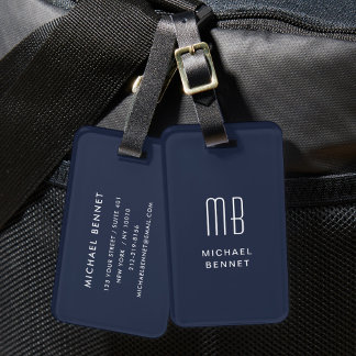 Modern Monogrammed Navy Blue Luggage Tag