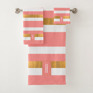 Modern Monogrammed Peach Striped Bath Towel Set