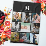 Modern monogrammed photo collage instagram black tea towel<br><div class="desc">Customise this soft kitchen towel with 9 photos. Add your family name or custom caption.</div>