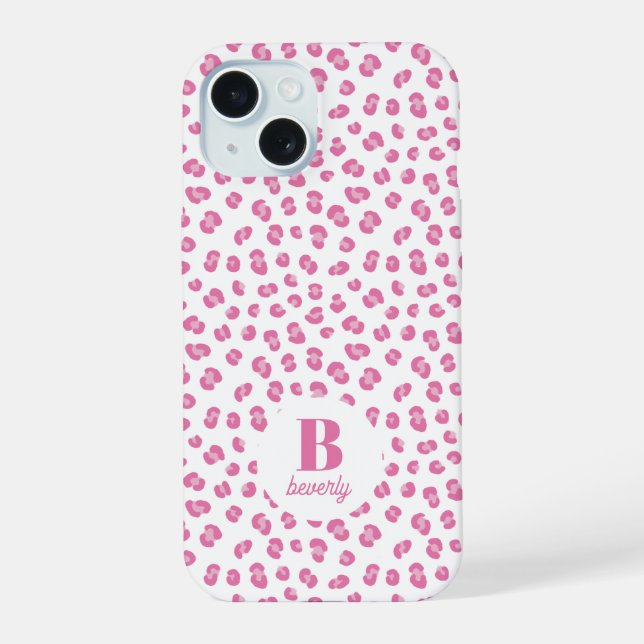 Modern Monogrammed Pink Leopard Print iPhone 15 Case (Back)