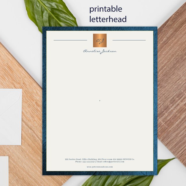 Modern monogrammed printable letterhead blue gold poster (Creator Uploaded)
