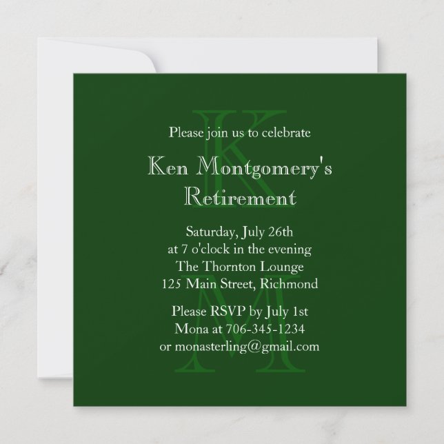 Modern Monogrammed Retirement Invitation (green) (Front)