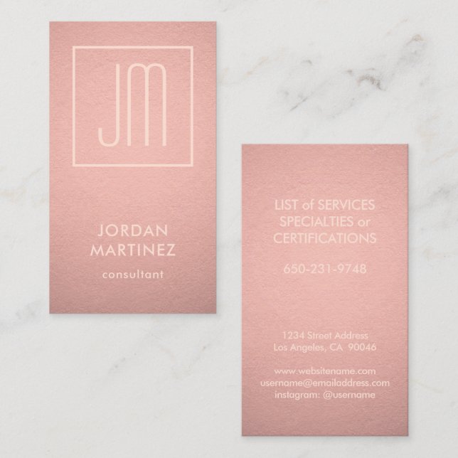 Modern Monogrammed Rose Gold Faux Foil Vertical Business Card (Front/Back)
