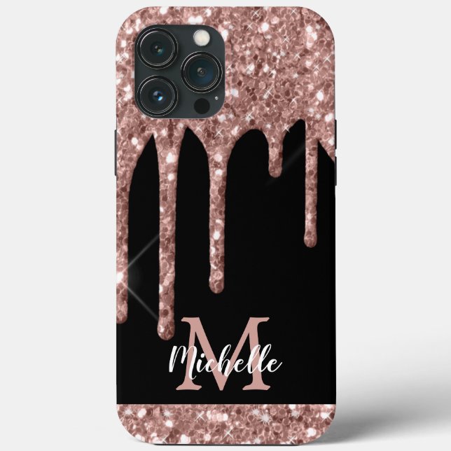 Modern Monogrammed Rose Gold Glitter Drips  Case-Mate iPhone Case (Back)