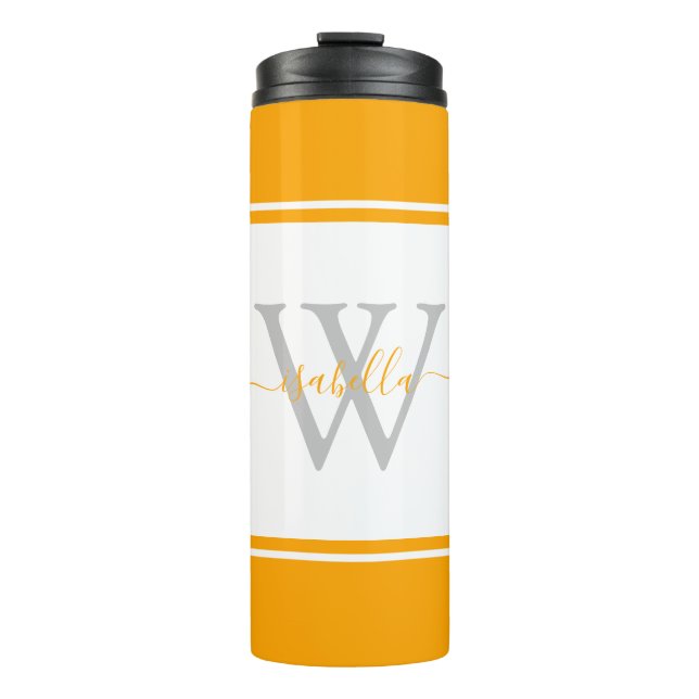 Modern Monogrammed Script Orange Thermal Tumbler (Front)