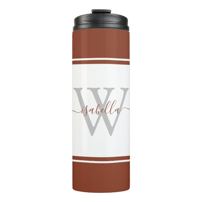 Modern Monogrammed Script Rust Thermal Tumbler (Front)