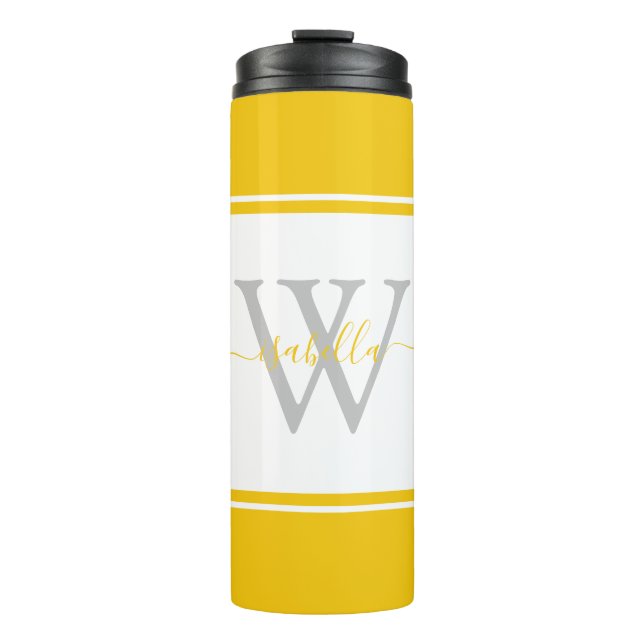 Modern Monogrammed Script Yellow Thermal Tumbler (Front)