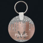 Modern Monogrammed Silver Glitter Drips Pink Metal Key Ring<br><div class="desc">Modern, girly silver grey glitter drips name and monogrammed keychain.This design features silver grey (grey) glitter sparkle drips on pink rose gold brushed metal background with custom personalised monogram initial and first name text template. Perfect feminine gift. Please note, this design is printed photo effect. If you need help or...</div>