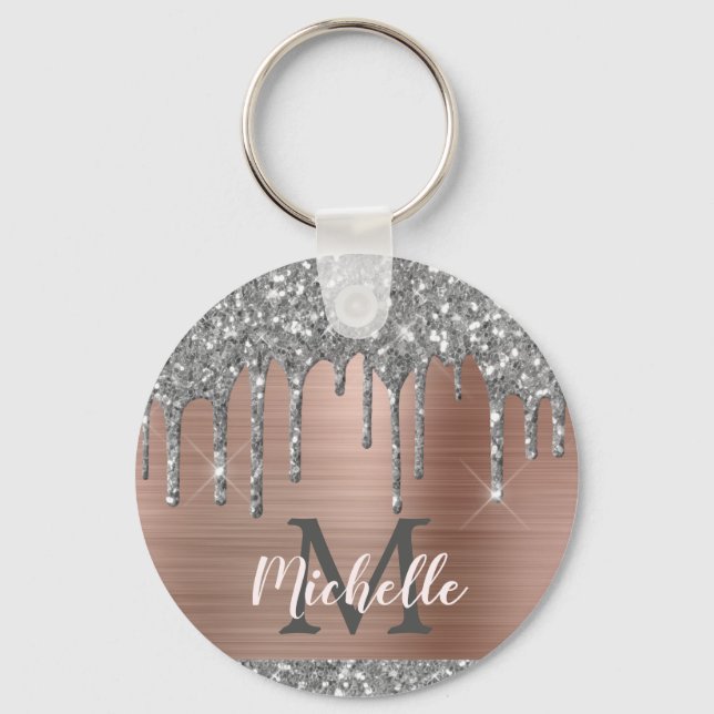 Modern Monogrammed Silver Glitter Drips Pink Metal Key Ring (Front)