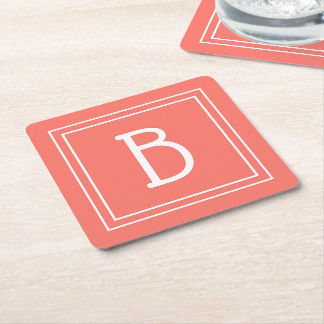 Modern Monogrammed Simple Letter Initial Coral Square Paper Coaster (Angled)