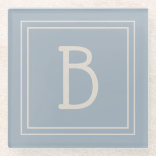Modern Monogrammed Soft Blue & Ivory Initial Glass Coaster