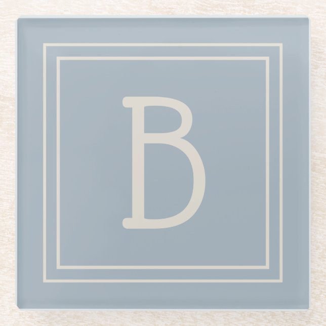 Modern Monogrammed Soft Blue & Ivory Initial Glass Coaster (Front)