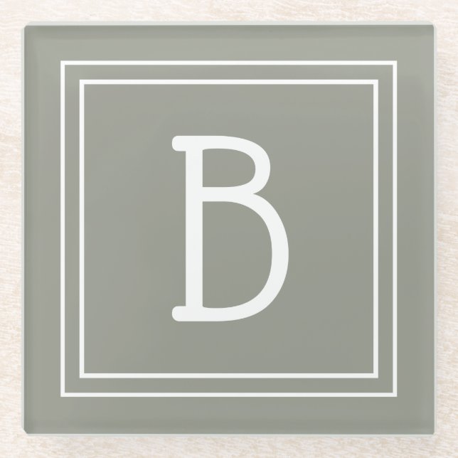 Modern Monogrammed Soft Evergreen & White Initial Glass Coaster (Front)