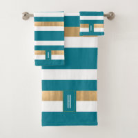 Modern Monogrammed Teal Striped Bath Towel Set