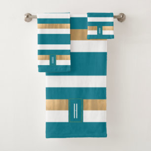 Modern Monogrammed Teal Striped  Bath Towel Set