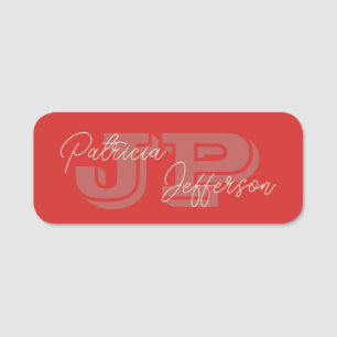 Modern Monogrammed Tomato Red: Elegant Handwritten Name Tag