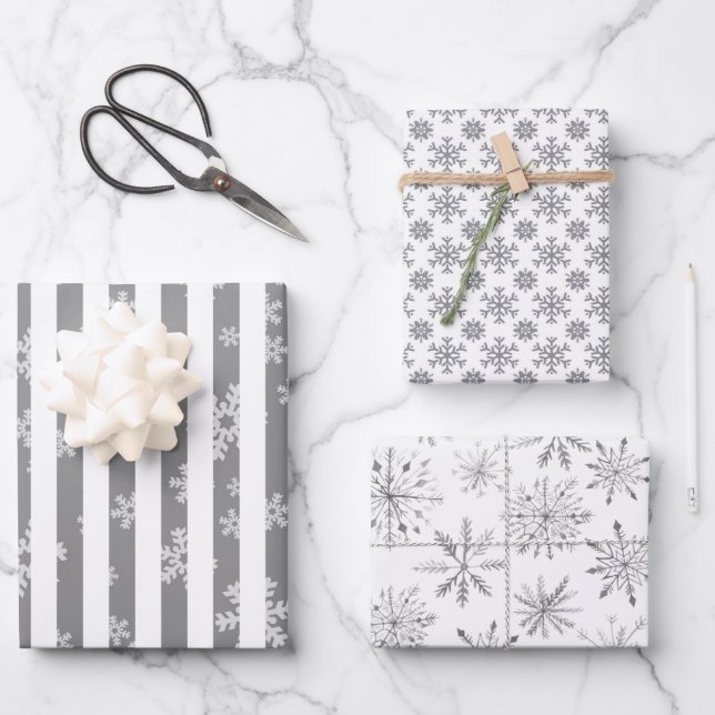 Modern Monotone Black White Snowflake Wrapping Paper Sheet (Front)