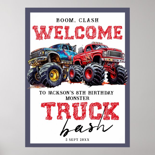 Modern Monster Truck Birthday Party Welcome Sign (Front)