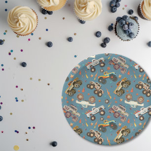 Modern Monster Truck Birthday Watercolor Blue Paper Plate