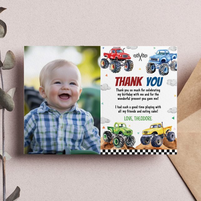 Modern Monster Truck Kids Birthday Party Photo Thank You Card (Creator Uploaded)