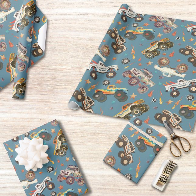 Modern Monster Trucks Blue Boys Flames Pattern   Wrapping Paper (Creator Uploaded)