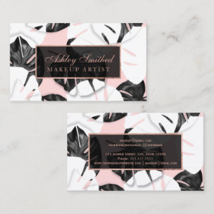 Modern monstera black white pink roe gold makeup business card