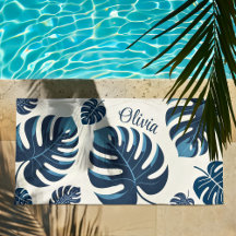 Modern Monstera Leaf Blue & White Beach Towel