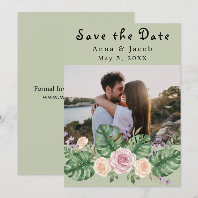 Modern Monstera Leaf Floral Sage Invitation (Front/Back)