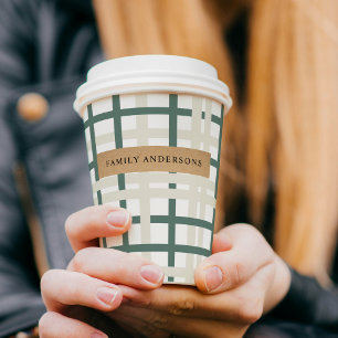 Modern Montauk Grid Green & Beige Paper Cups
