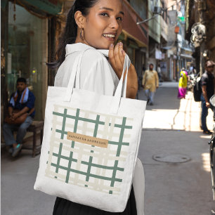 Modern Montauk Grid Green & Beige Tote Bag