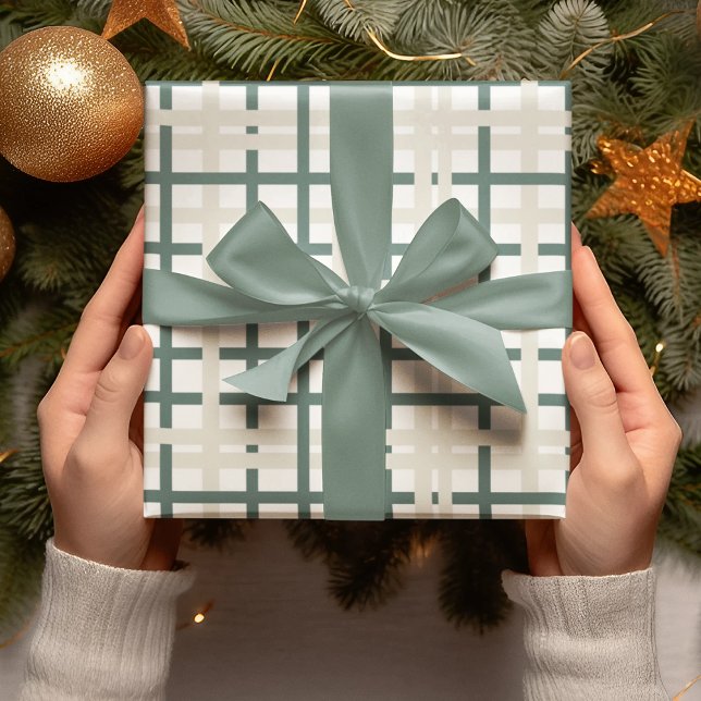 Modern Montauk Grid Green & Beige Wrapping Paper (Creator Uploaded)