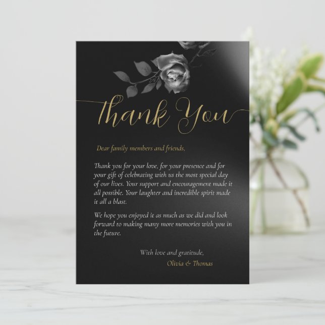 Modern Moody Black Dark Floral Wedding Thank You Invitation (Standing Front)